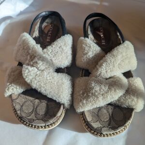 Coach Women's 8B Tally Beige Fuzzy Slippers With Beads